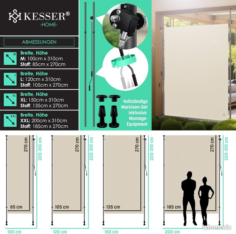 Store Vertical Extérieur KESSER 200x310cm - Manivelle, Imperméable, Sans Perçage - Pour Balcon/Jardin