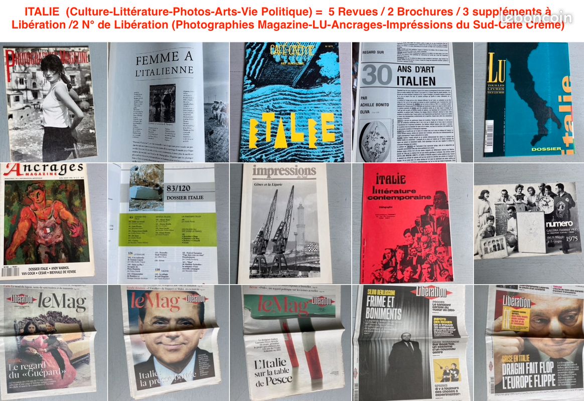 ITALIE (Culture-Littérature-Photos-Arts-Vie Politique) = 5 Revues / 2 Brochures / 3 suppléments à Libération /2 N° de Libération (Photographies Magazine-LU-Ancrages-Impréssions du Sud-Café Crème) (image 1)