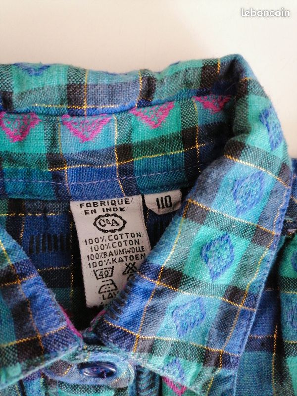 Chemise enfant taille 5 ans bleu vert fushia quadrillé liseré or (image 4)