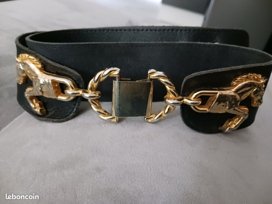Ceinture noire et boucles cheval dorée croute de cuir réglable - Accessoires & Bagagerie