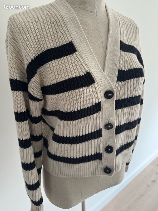 Cardigan M&S Manches Courtes Blanc Et Noir Taille 44 - Viscose, Occasion Très Bon état
