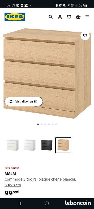 Commode Ikea Malm, 3 tiroirs, chêne blanchi (image 1)