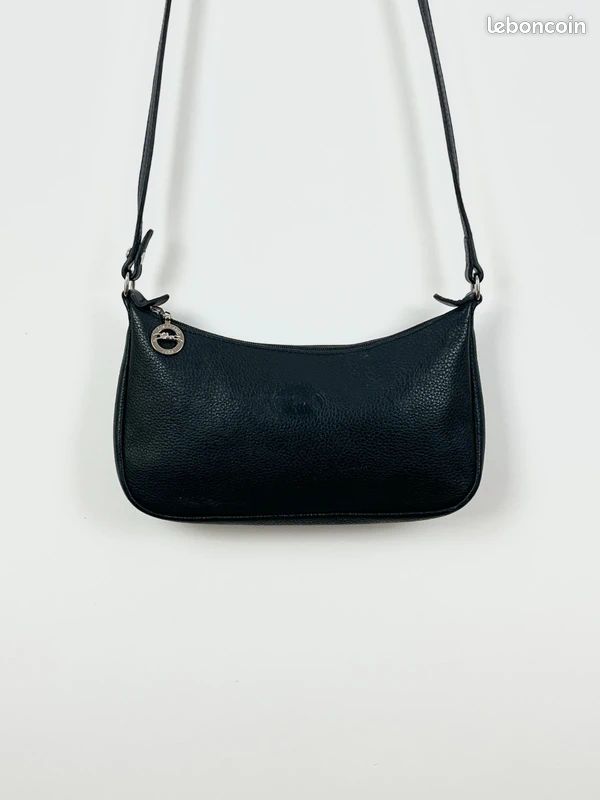 Longchamp 731 - Sac à main pochette baguette porté épaule en cuir grainé noir / bleu nuit (image 1)