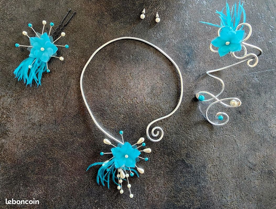 Parrure bijoux fleurs bleues turquoise (image 1)