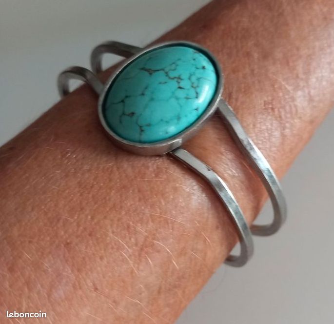 Bracelet Jonc Turquoise Naturelle & Laiton - Bleu - Manchette - Neuf Avec Étiquettes