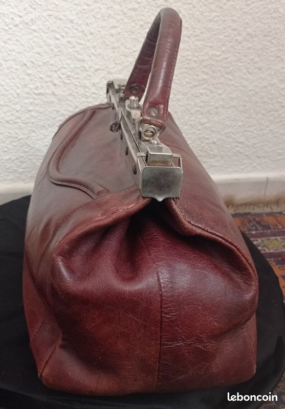 Sac à main vintage en cuir marron style médecin 1950-1960 (image 5)