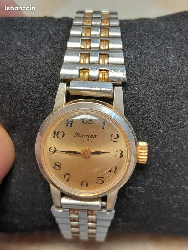 Montre Dame Mécanique Romox Vintage - Boîtier Plaqué Or, Bracelet Cuir Noir - En état De Marche