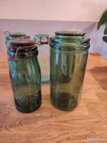 2 BOCAUX anciens VERRE VERT 1 Solidex 1 L'ideale 1litre