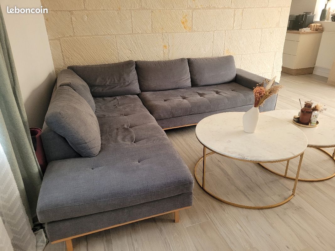 Canapé d'angle type scandinave tissu/bois (image 1)