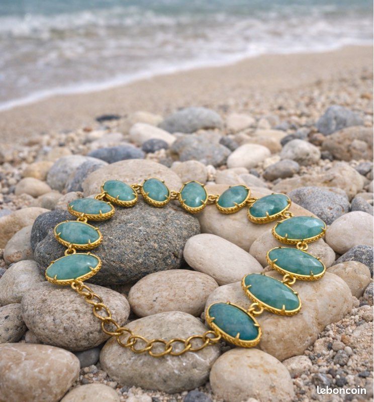 Bracelet Articulé Doré Avec Cabochons Bleu, Rouge, Vert - Strass Et Turquoises - Occasion