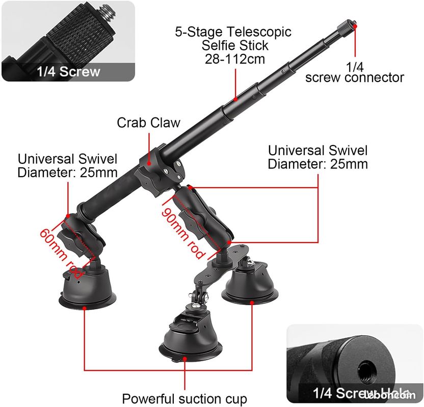 RATSTONE Kit De Montage Triple Ventouse Pour Voiture,avec Extension 2-En-1/ Selfie Stick 112cm,Convient Pour Insta360,Support à Triple Ventouse Pour Pare-Brise Et Vitres De Voiture