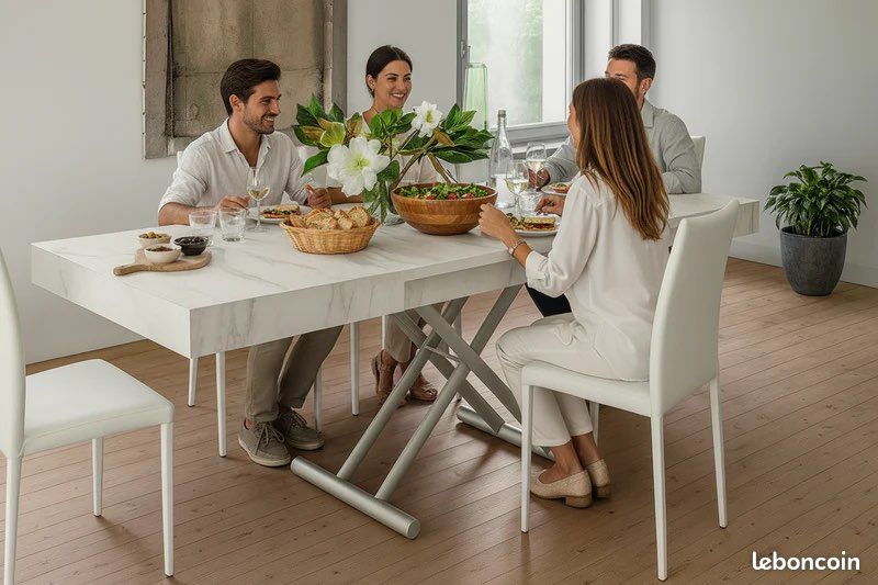 Table basse relevable et extensible avec rallonges melamine marbre blanc (image 1)