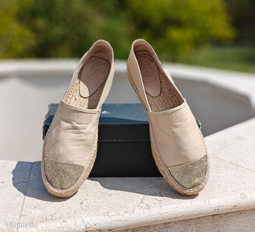 Espadrilles femme, Walk and Love, en cuir beige avec semelle