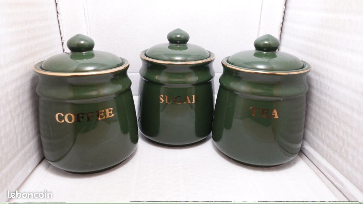 Lot 3 pots de cuisine céramique verte – Café Sucre Thé – filet doré, style anglais (image 1)