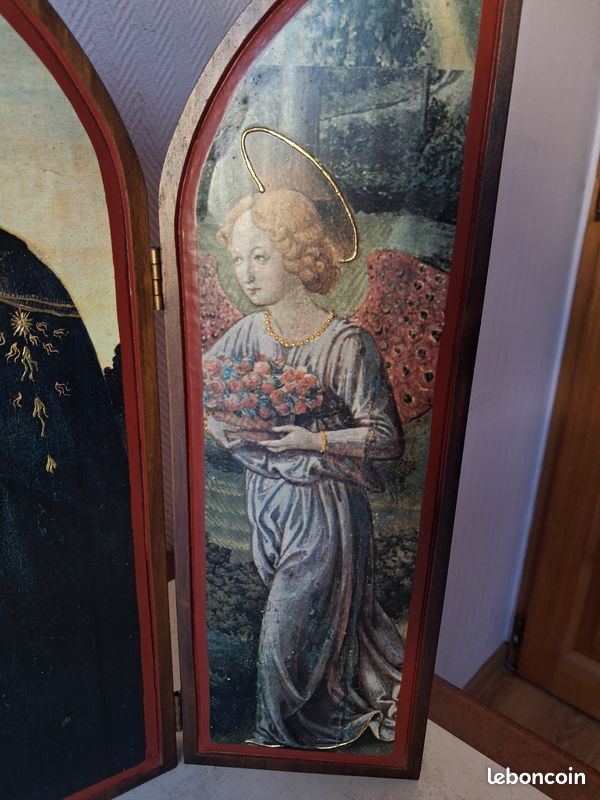 Ancien triptyque en bois épais vierge-jésus-anges vintage (image 3)