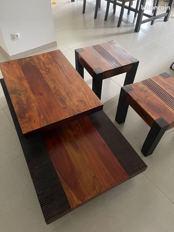 Ensemble table basse bout de canapé bois et chiffons (image 1)