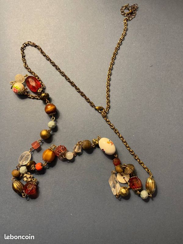Collier Sautoir Femme Fantaisie Perles De Verre Jaune Doré - 120-130 Cm, Neuf