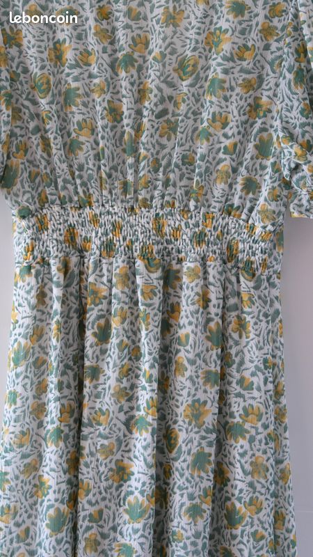 Robe D'été Vintage Faite Main - Imprimé Jaune Et Cachemire Vert - Taille 36/38 (T34/36/38) - 100% Coton