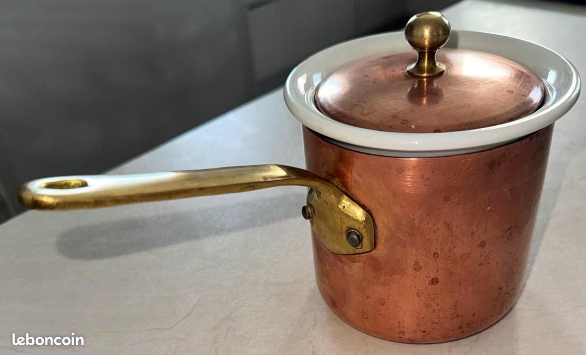 Casserole Bain Marie Cuivre étamée Porcelaine 5 Pots Et 1 Pichet Verseur Kastrull Koppar Massing