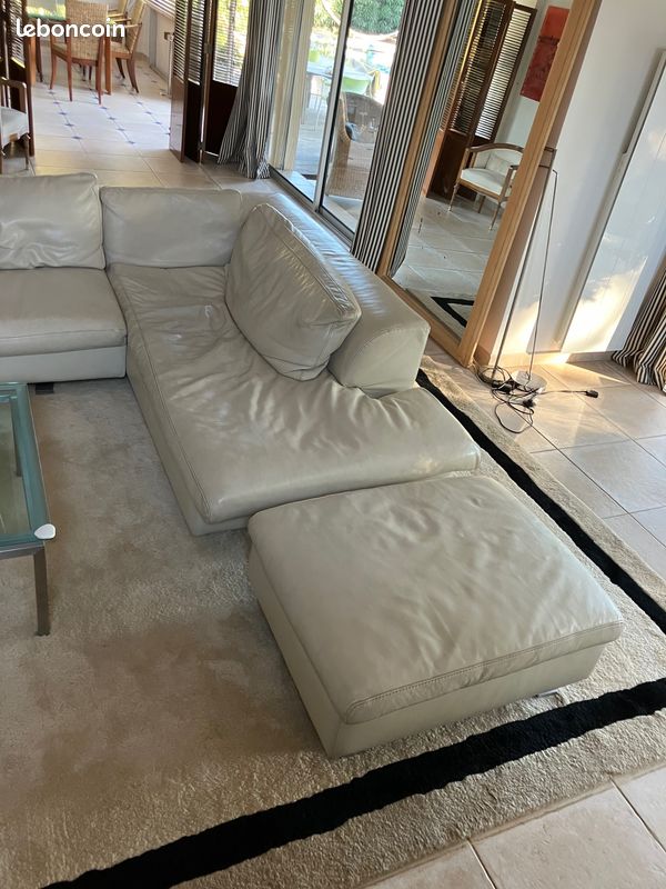 Vente canapé blanc cassé avec méridienne + pouf (image 4)