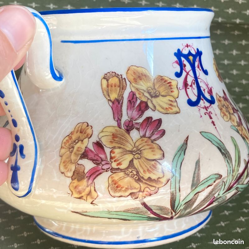 Ancien sucrier Service Nella Vieillard oiseau polychrome fleurs, pot ravissant (image 9)