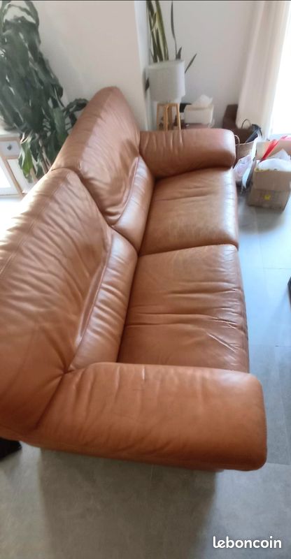 Canapé 3 Places Cuir Beige Roche Bobois - Très Bon État - 200 Cm