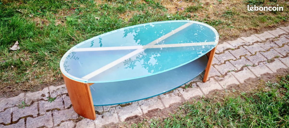 Table basse ovale bois massif & verre (image 1)