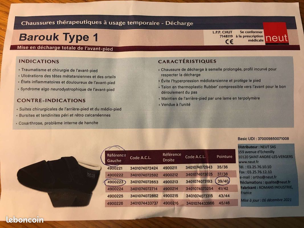 Chaussure BAROUK TYPE FERMEE 39/40 Gauche Matériel médical