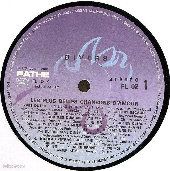 Les Plus Belles Chansons D'amour - Various – Vinyle 33T - Ed. 1982 (image 3)