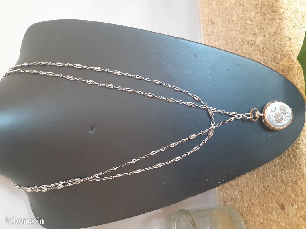 Grand Sautoir Collier Métal Argenté Vintage Années 80-90 - Longueur 90+ Cm, Occasion