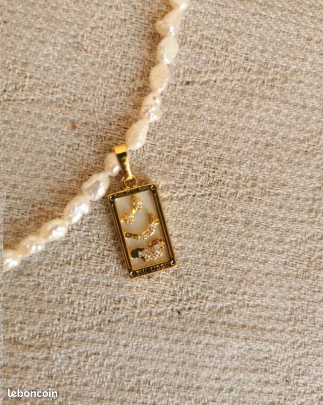 Collier perles de culture "grain de riz" neuf pampilles cœur carte tarot lune strass ex voto milagros acier doré creation (image 11)