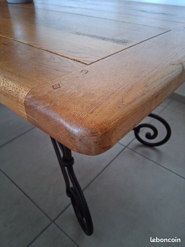 Table Salle à Manger Chêne Massif 180x90cm, Piétement Fer Forgé, Style Moderne