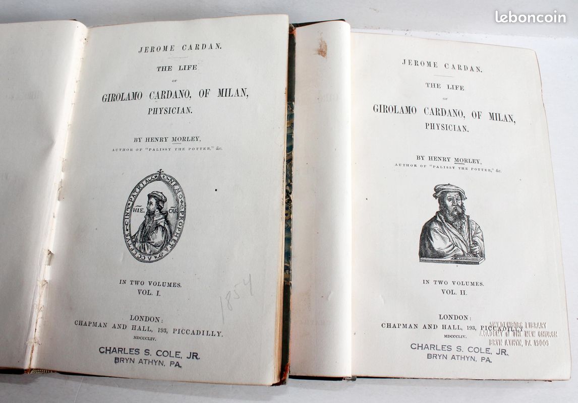 RARE EDITION ORIGINALE en ANGLAIS TOME 1 + 2 /2 JEROME CARDAN LIFE OF  GIROLAMO CARDANO OF MILAN PHYSICIAN by MORLEY 1854 - Livres