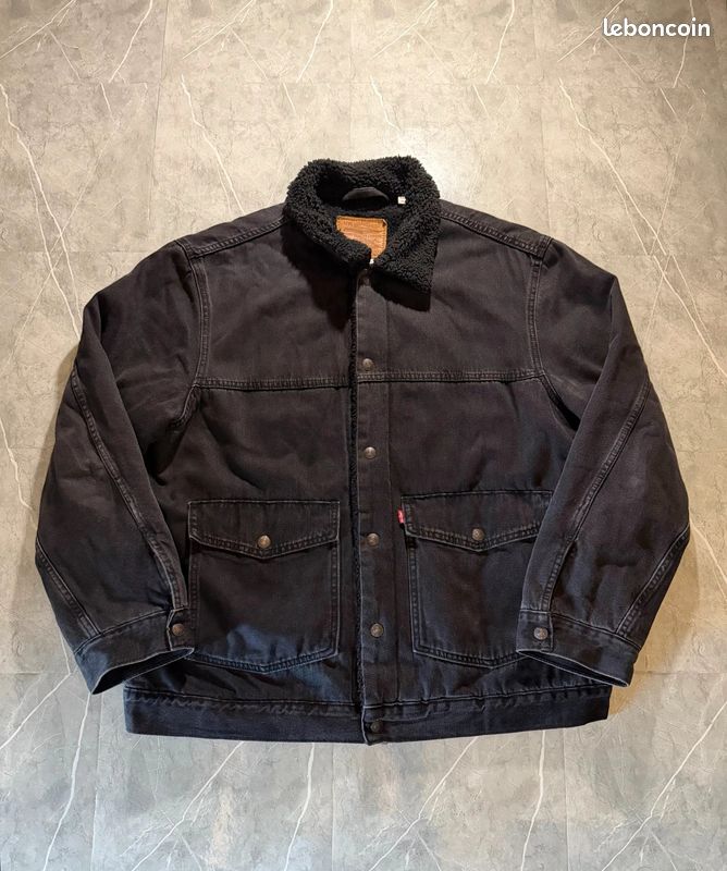Veste en jeans levi's denim, interieur sherpa mouton, chore coat denim effet délavé, taille XXL (image 1)