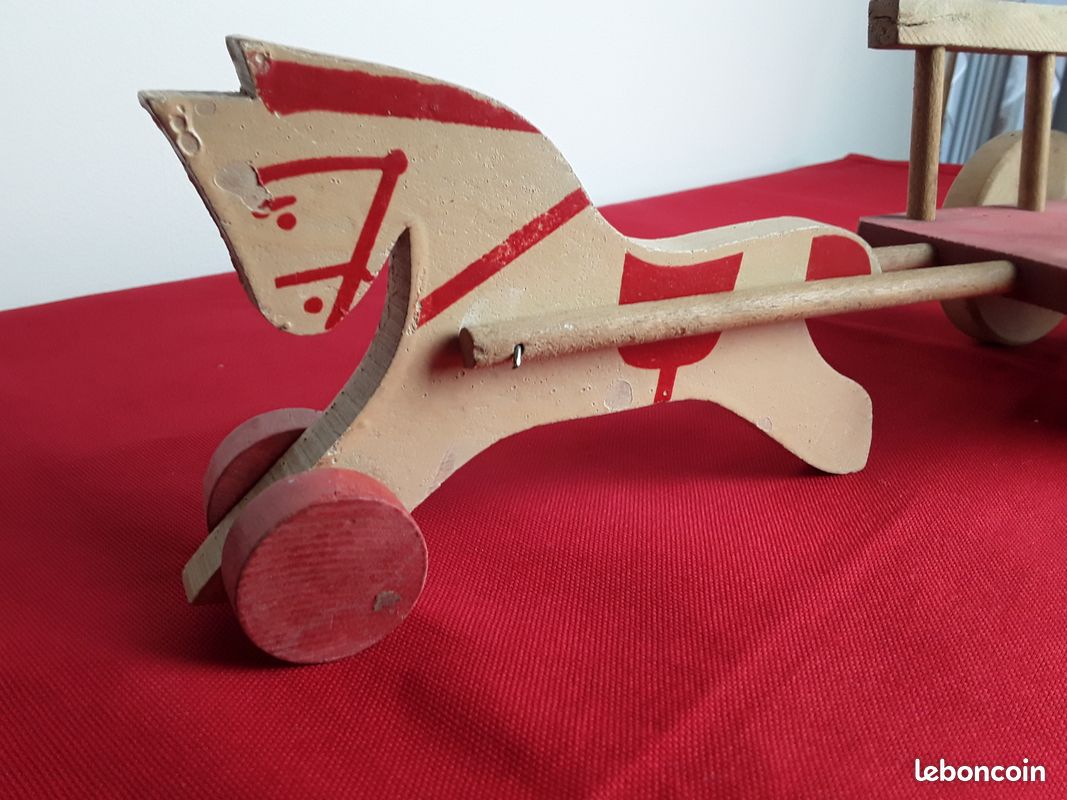 Ancien Jouet En Bois : Cheval Avec Sa Charrette De Transport – Vintage
