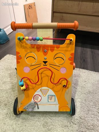 Chariot Multi-Activités Chat Janod - Pousseur Bois Avec Frein Pour Enfant 1-3 Ans