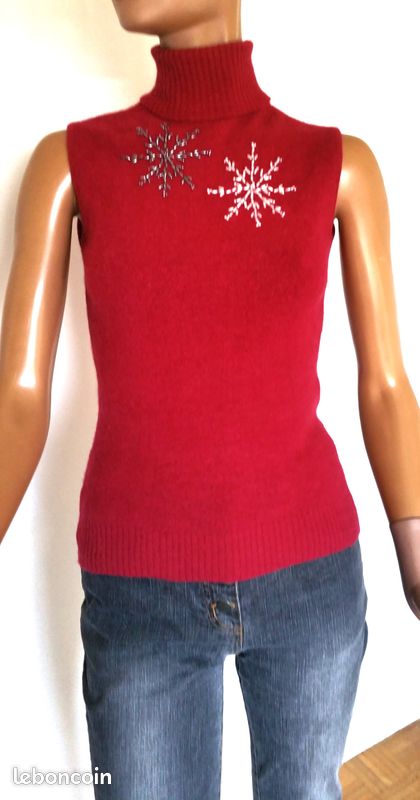 Pull vintage chic rouge/lilas foncé col roulé sans manches laine