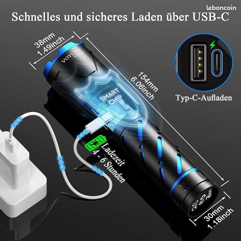 Lampe Torche Zoom Optique Rechargeable USB Type-C - 4 Modes D'éclairage - Modèle SFL6168 Neuf