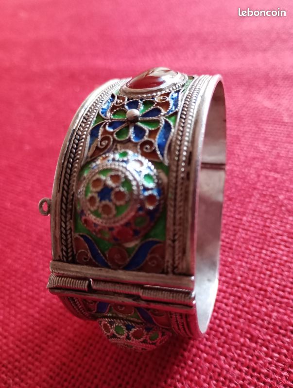 Bracelet Enfant Ancien En Argent Massif Berbère - Émeraude ? - XIXe Siècle - Occasion