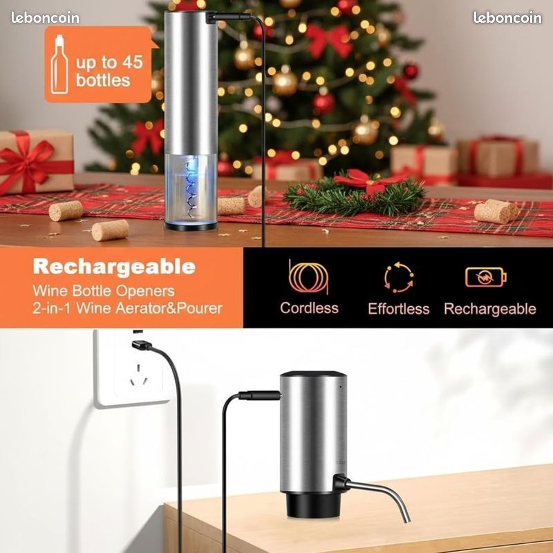 Tire-Bouchon Électrique Rechargeable Avec Boîte Cadeau - Ouvre-Bouteille Automatique, Coupe-Capsule, Aérateur Et Bouchon à Vin