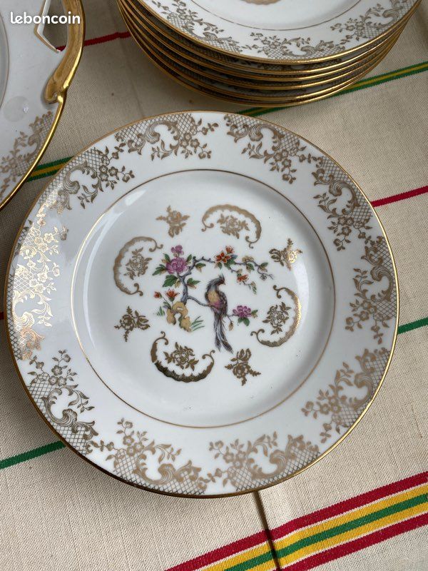 Service dessert 10 assiettes et un plat à gâteau porcelaine oiseau du paradis (image 4)