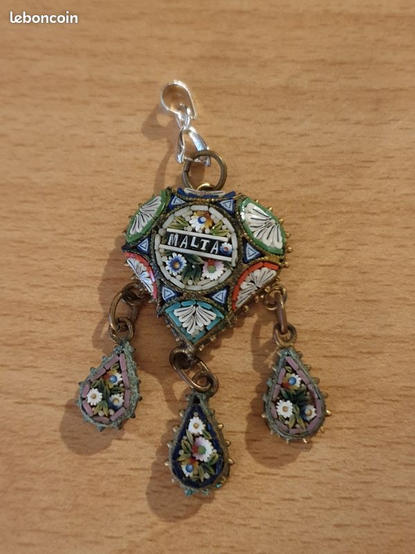 Pendentif Ancien XIXe Micro-mosaïque Argent + Chaîne 44cm – Fait Main Français