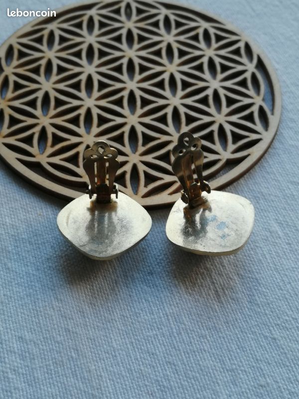 Boucles d'oreilles Clip Carrées-Cabochon rond Hématite pierre naturelle- gris anthracite et doré- Vintage 90- Chic Couture (image 6)