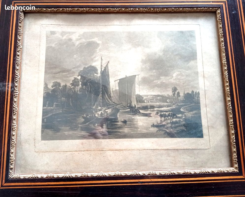 Gravure ancienne Marine encadrement avec marqueterie début XXème (image 2)