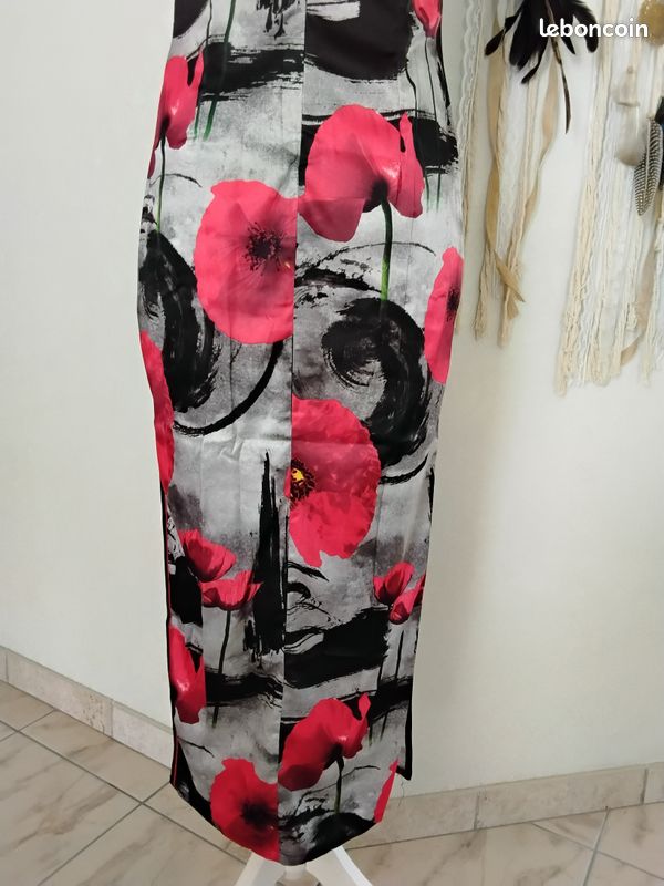 Robe longue cheongsam, noir et rouge, coquelicot (image 8)