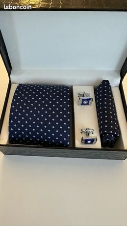 Coffret Cravate Homme Gris Cuivre + Mouchoir + Boutons De Manchette - Neuf Sous Emballage