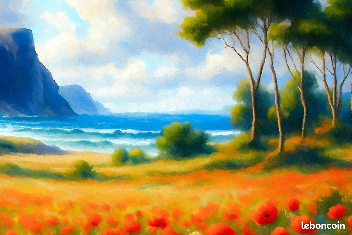 Peinture aquarelle sur toile acrylique "Coquelicots en bord de mer"/ (75 x 50 cm) (image 4)