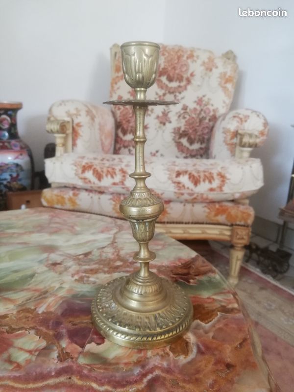 Bougeoir ancien en laiton ciselé – H 21,5 cm – Déco vintage / Brocante (image 7)