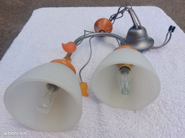Lustre 2 lumières métal-bois-verre – Design contemporain – Etat neuf (image 3)