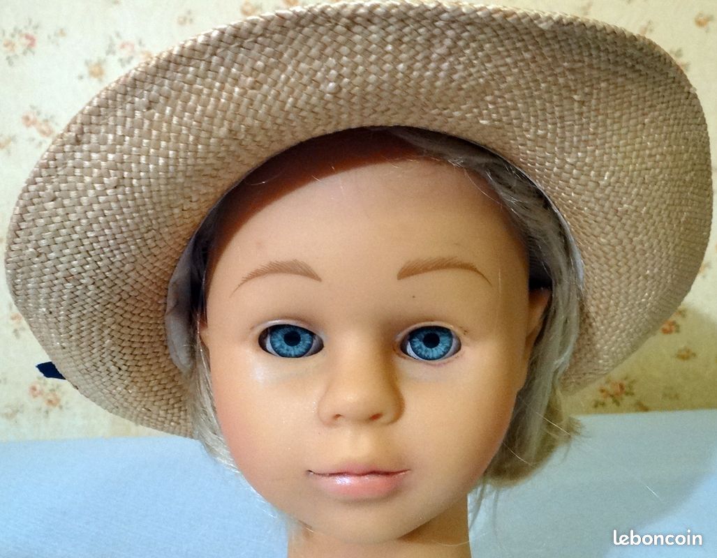 CHAPEAU EN PAILLE NATURELLE 1960 T. 53 cm avec RUBANS FLEUR EN TISSU BLEU mariage, été, défilé vintage, fabriqué en France (image 15)